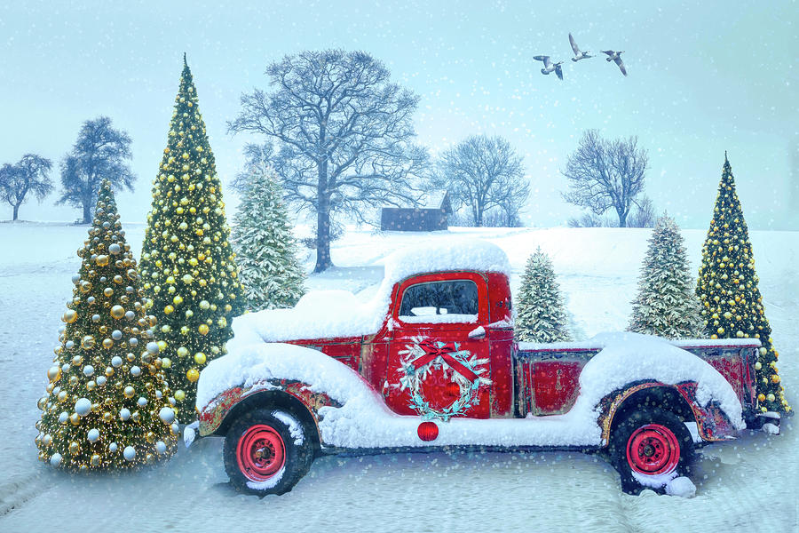 Snowy Red Truck Photograph by Debra and Dave Vanderlaan