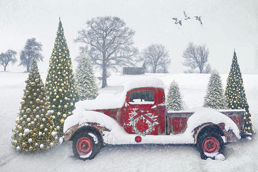 Snowy Red Truck Painting Photograph by Debra and Dave Vanderlaan