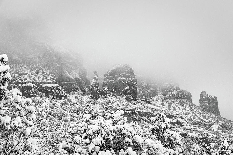 Black And White Photograph - Snowy Sedona Mountain Scene by Good Focused