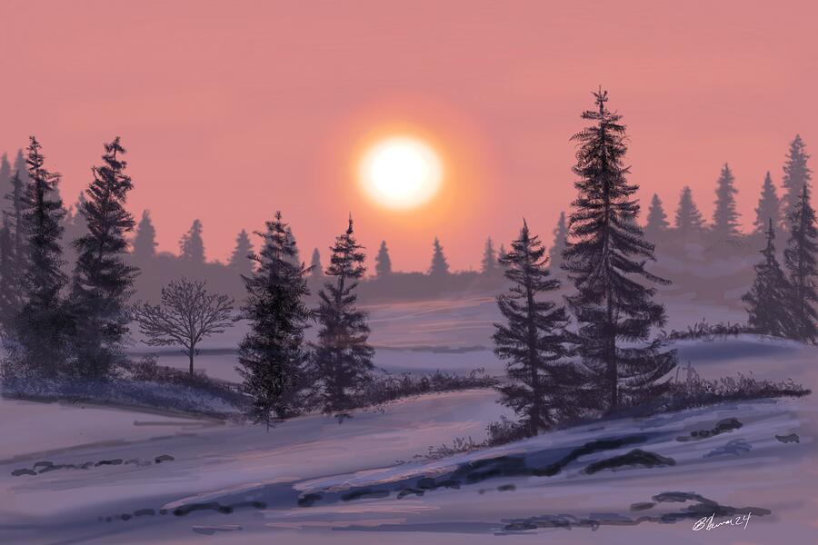 Snowy Sunset Painting by Becky Herrera Snowy Sunset Painting by Becky Herrera