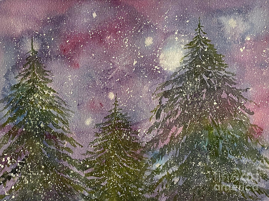 Snowy Trees at Twilight Painting by Lisa Neuman