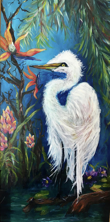 Snowy White Egret Painting by Mary Silvia