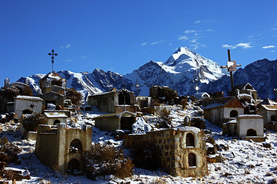 Snowy winter morning at Milluni cemetery Bolivia Photograph by James Brunker