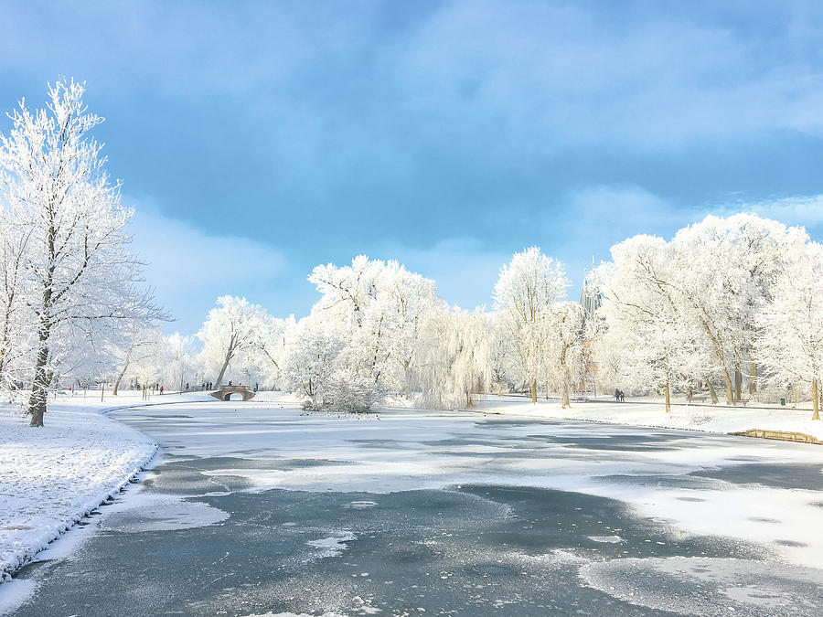Snowy wintry landscape in the city park of Kampen, The Netherlands Photograph by Sjo