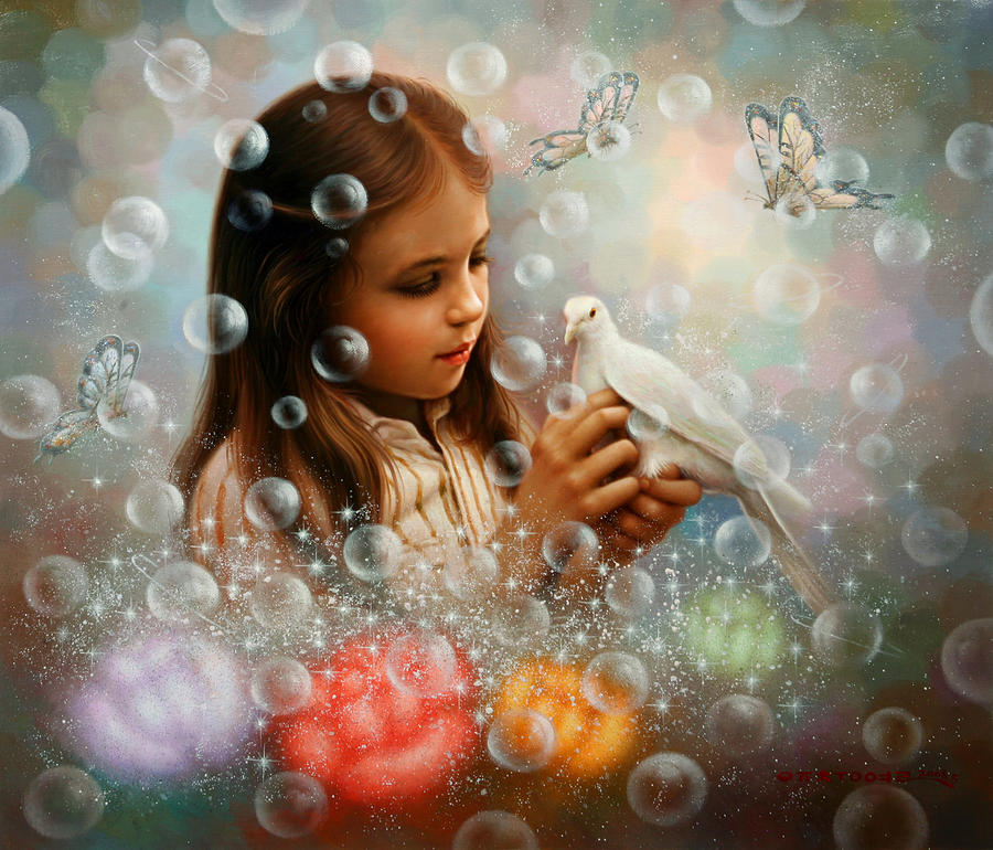 Pigeon Painting - Soap Bubble  Girl by Yoo  Choong Yeul