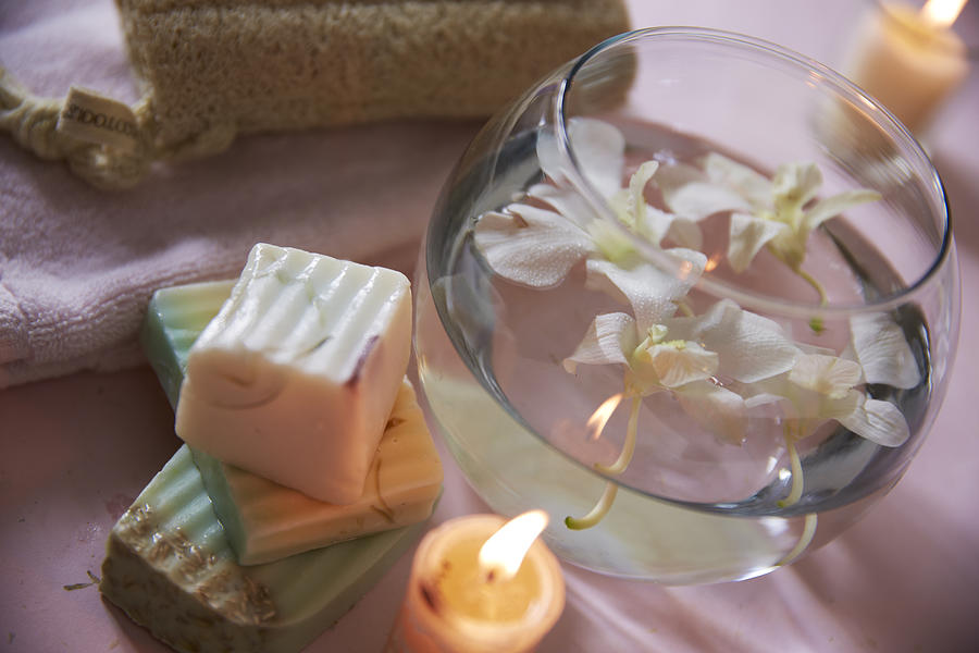Soaps With Water Bowl Of Orchids And Candle In Zen Photograph by Dana Hoff