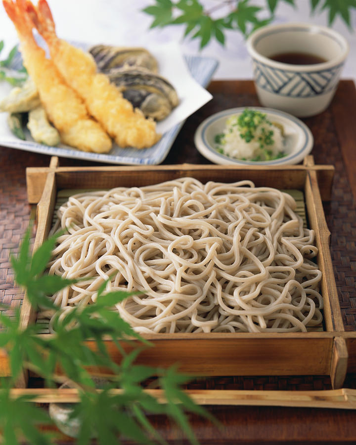 Soba noodle and shrimp tempura Photograph by Mixa
