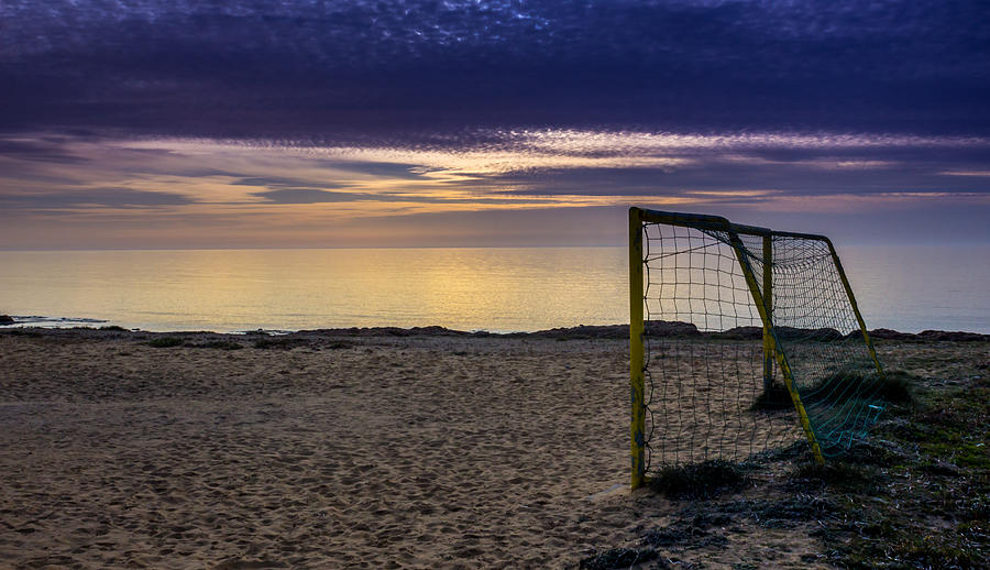 Soccer goal on beach during sunset Photograph by Torok Artur / FOAP