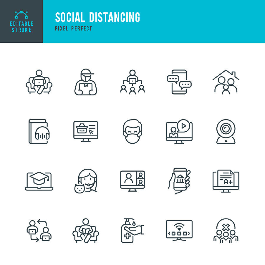 Social Distancing - thin line vector icon set. Pixel perfect. Editable stroke. The set contains icons: Social Distancing, Remote Work, Quarantine, Video Conference, Working At Home, Delivery Person, E-Learning. Drawing by Fonikum