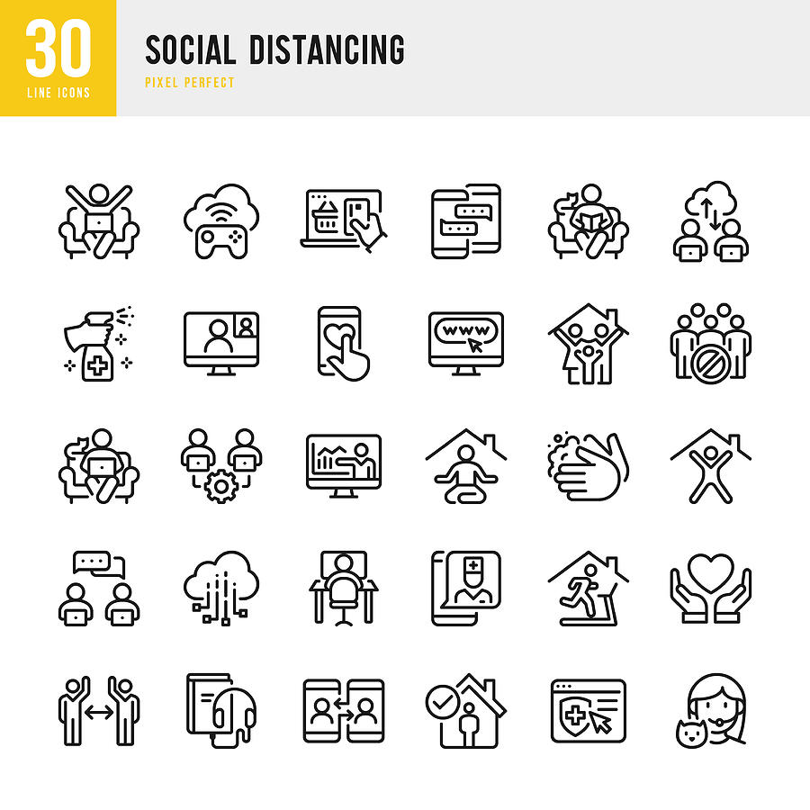 SOCIAL DISTANCING - thin line vector icon set. Pixel perfect. The set contains icons: Social Distancing, Remote Work, Quarantine, Video Conference, Working At Home, E-Learning, Sports Training, Telemedicine. Drawing by Fonikum