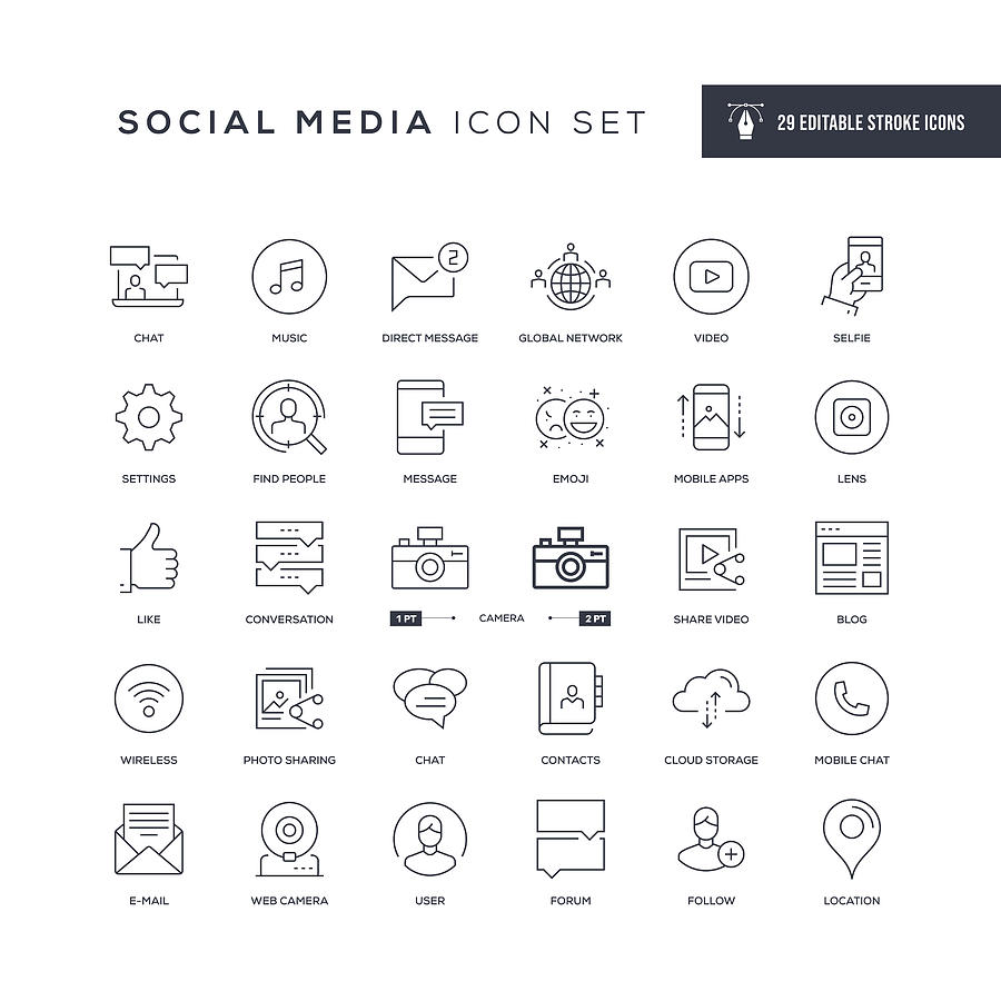 Social Media Editable Stroke Line Icons Drawing by Enis Aksoy