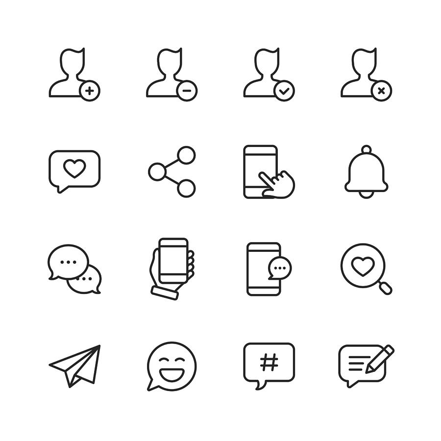 Social Media Line Icons. Editable Stroke. Pixel Perfect. For Mobile and Web. Contains such icons as Hashtag, Social Media, User Profile, Notification, Like Button, Online Messaging. Drawing by Rambo182