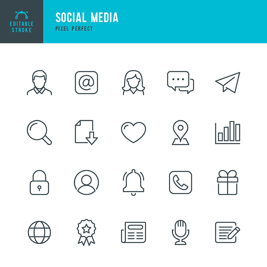 Social Media - thin line vector icon set. Pixel perfect. Editable stroke. The set contains icons: Male; Female, E-Mail, Speech Bubble, Telephone, News, Heart Shape,  Reminder. Drawing by Fonikum