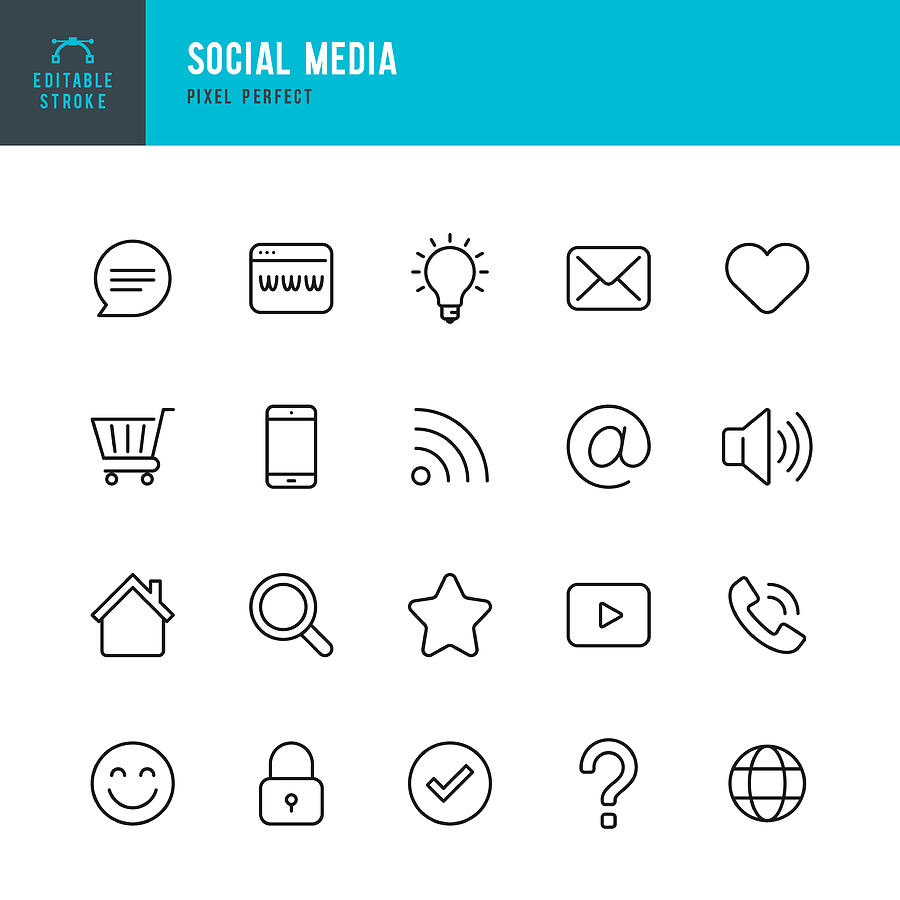 Social Media - thin line vector icon set. Pixel perfect. Editable stroke. The set contains icons Shopping Cart, Home,  Check Mark, E-Mail, Globe, Lock, Question Mark, Magnifier,  Message. Drawing by Fonikum
