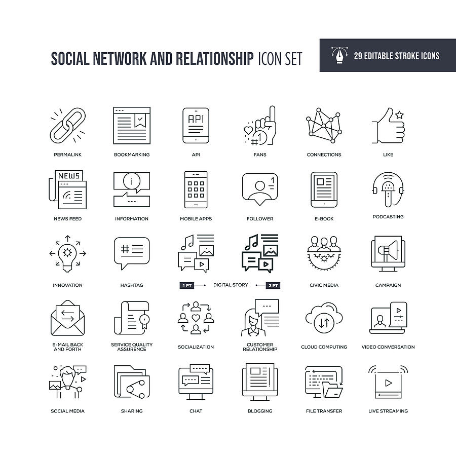 Social Network and Relationship Editable Stroke Line Icons Drawing by Enis Aksoy