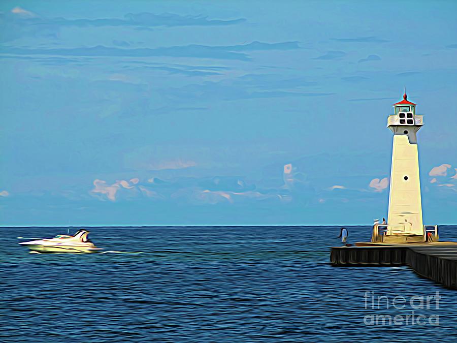 Sodus Point New York Lighthouse and Boat Abstract Expressionism Photograph by Rose Santuci-Sofranko