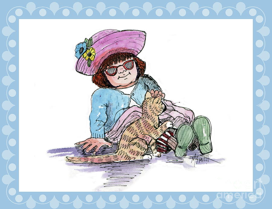 Sofie and Mittens Blue frame Drawing by Marilyn Smith