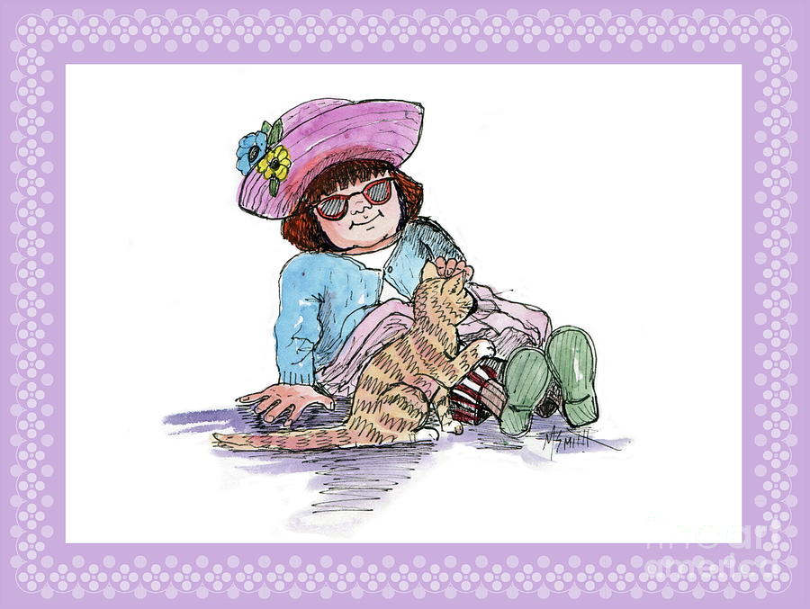 Sofie and Mittens Purple frame Drawing by Marilyn Smith