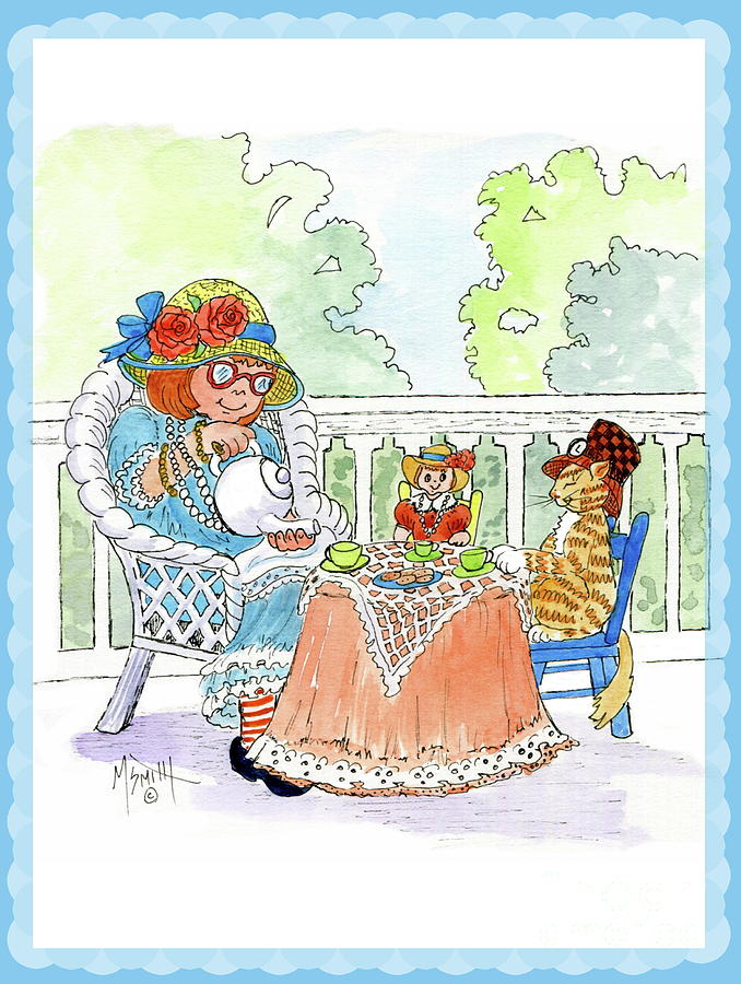 Sofie Tea Party Blue frame Drawing by Marilyn Smith