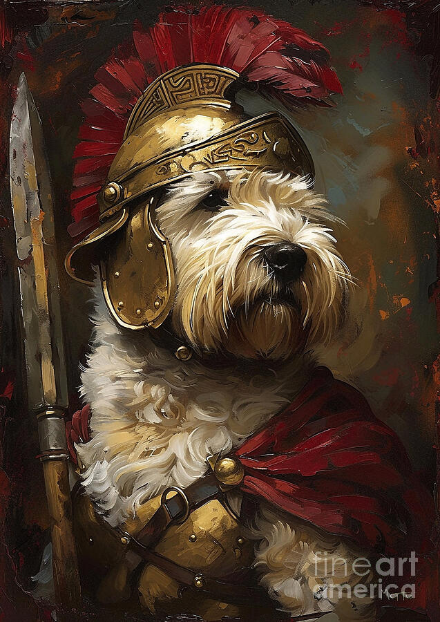 Dog Painting - Soft-Coated Wheaten Terrier - outfitted in the light armor of a Roman messenger by Adrien Efren
