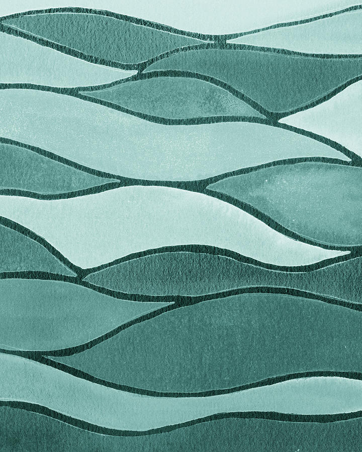Soft Gentle Teal Blue Monochrome Watercolor Waves Decor  Painting by Irina Sztukowski