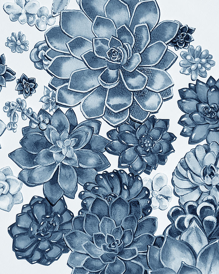 Soft Indigo Blue Succulent Plants Garden Watercolor Interior Art II Painting by Irina Sztukowski
