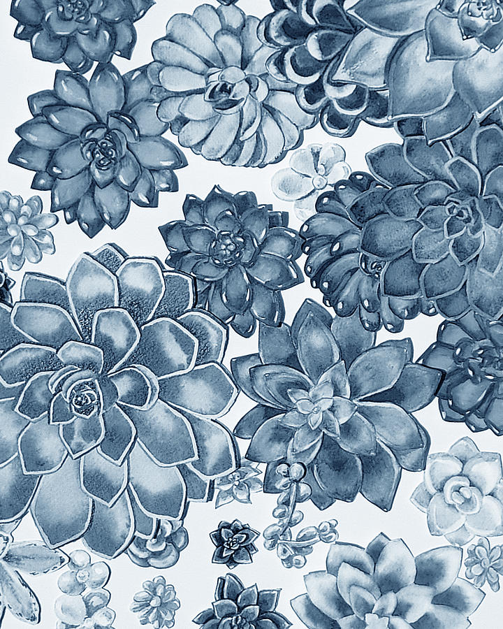 Soft Indigo Blue Succulent Plants Garden Watercolor Interior Art IV Painting by Irina Sztukowski