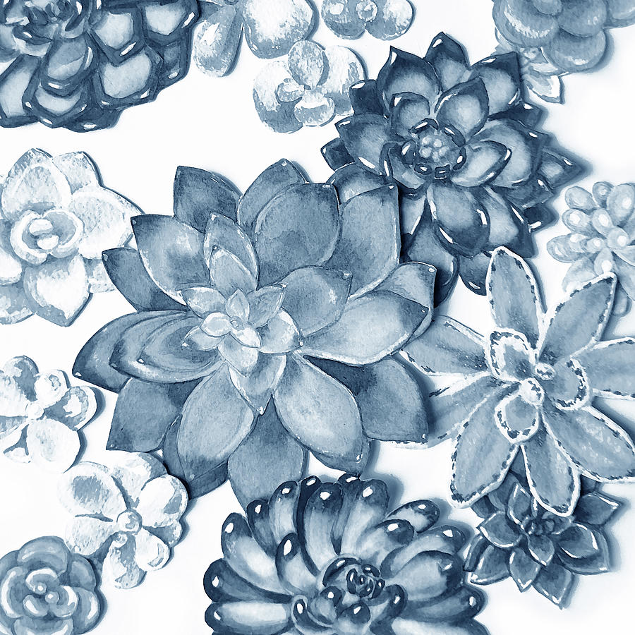 Soft Indigo Blue Succulent Plants Garden Watercolor Interior Art IX Painting by Irina Sztukowski