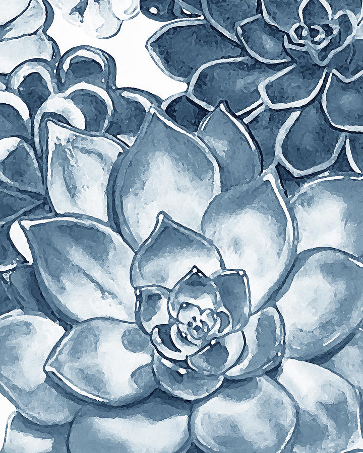 Soft Indigo Blue Succulent Plants Garden Watercolor Interior Art VI Painting by Irina Sztukowski