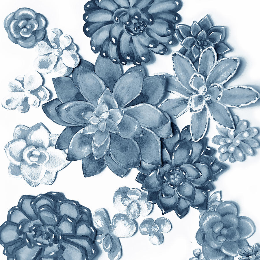 Soft Indigo Blue Succulent Plants Garden Watercolor Interior Art XI Painting by Irina Sztukowski