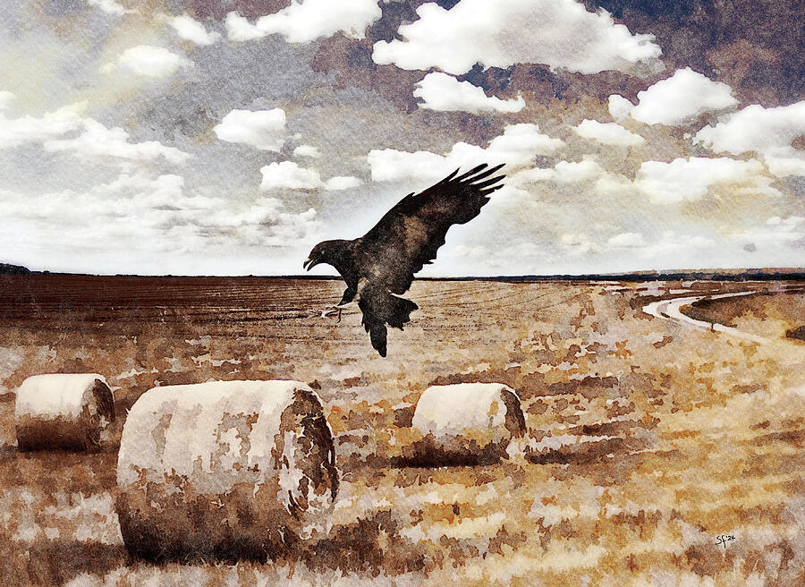 Soft Landing-Raven in a Wheat Field Watercolor Landscape Mixed Media by Shelli Fitzpatrick