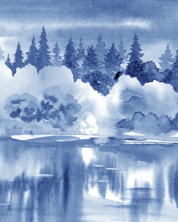 Soft Light Calm Indigo Blue Forest And The River Watercolor Landscape Painting by Irina Sztukowski