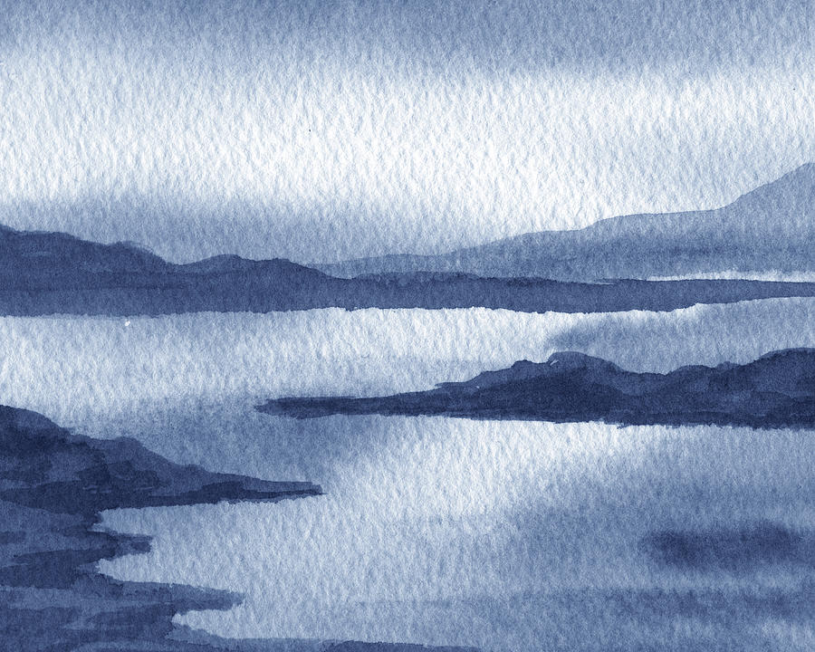 Soft Light Calm Relaxing Indigo Blue Hills And Lake Shore Watercolor Landscape Painting by Irina Sztukowski