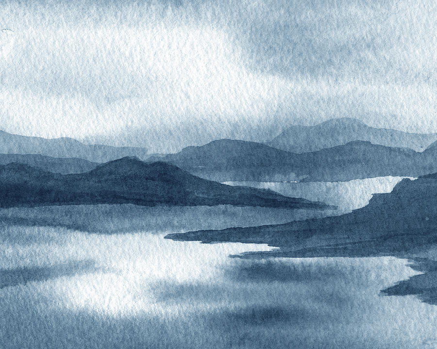 Soft Light Calm Relaxing Indigo Blue Hills At The Lake Shore Watercolor Landscape Painting by Irina Sztukowski