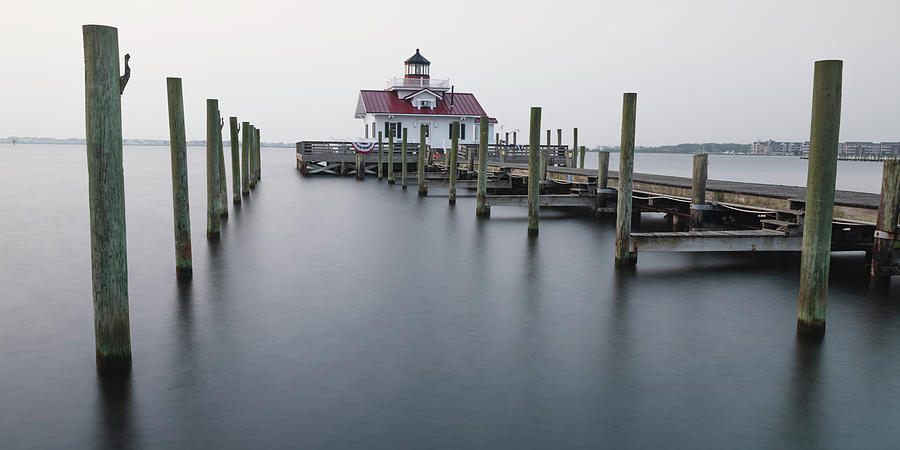 Nature Photograph - Soft Morning Light At Roanoke Marshes Lighthouse - Panorama by Gregory Ballos