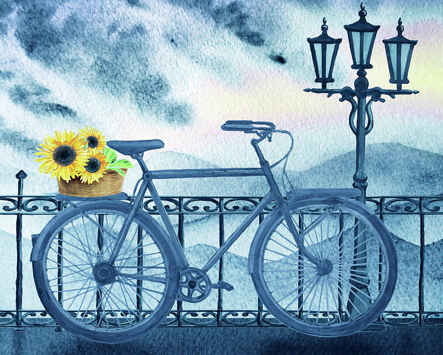 Soft Pastel Blue Bicycle And Street Light Watercolor Mountains View Sunflowers Basket  Painting by Irina Sztukowski