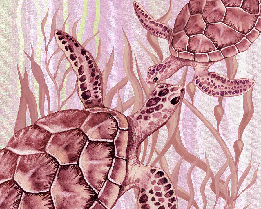 Soft Pink Tones Watercolor Turtles In Seaweed  Painting by Irina Sztukowski