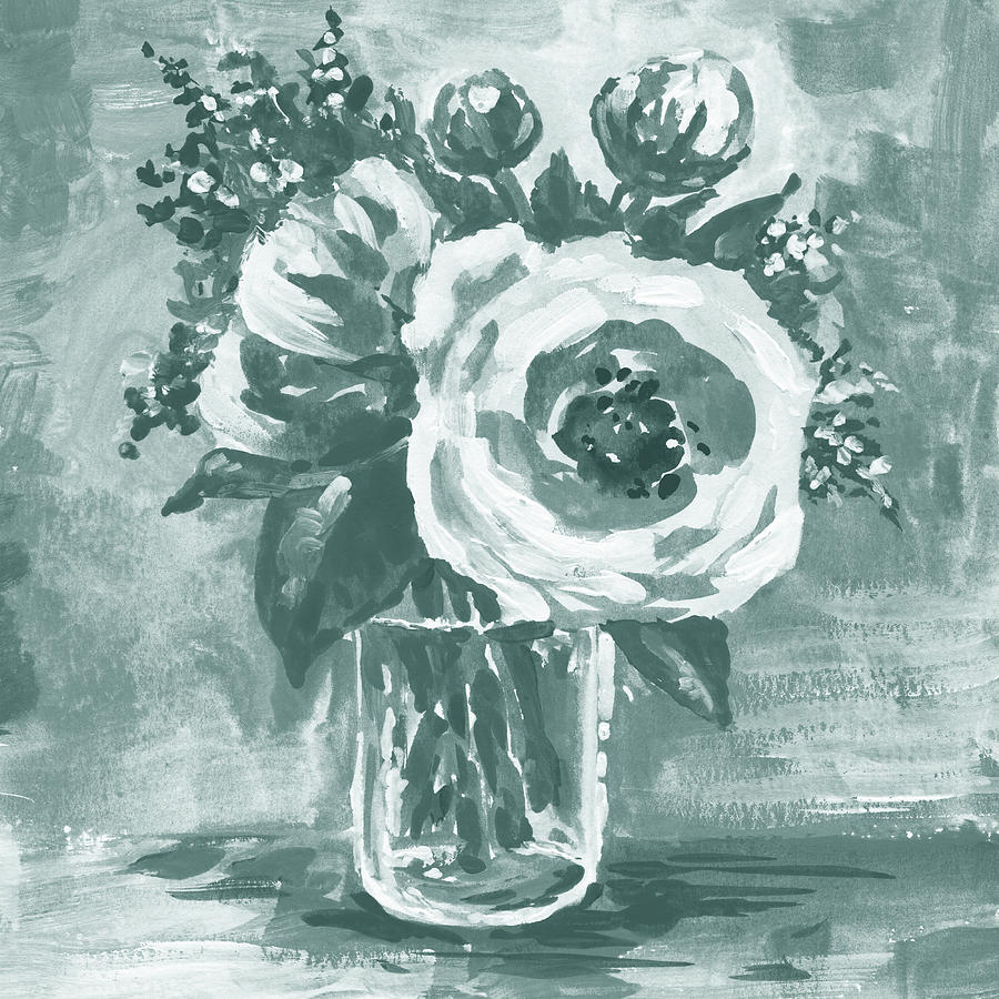 Soft Vintage Teal Gray Flowers Bouquet Summer Floral Impressionism VI Painting by Irina Sztukowski