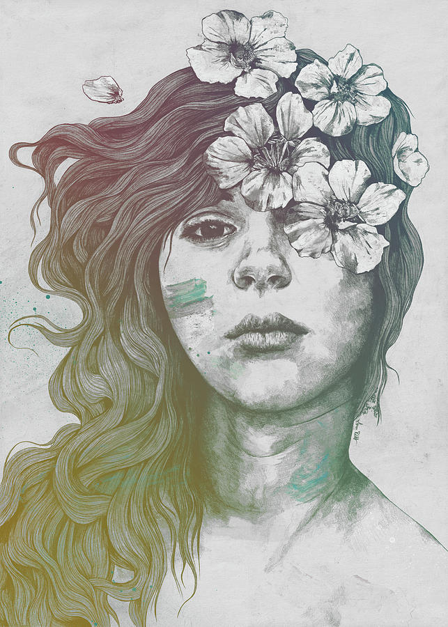 Flower Drawing - Softly Spoken Agony rainbow - flower girl pencil portrait by Marco Paludet