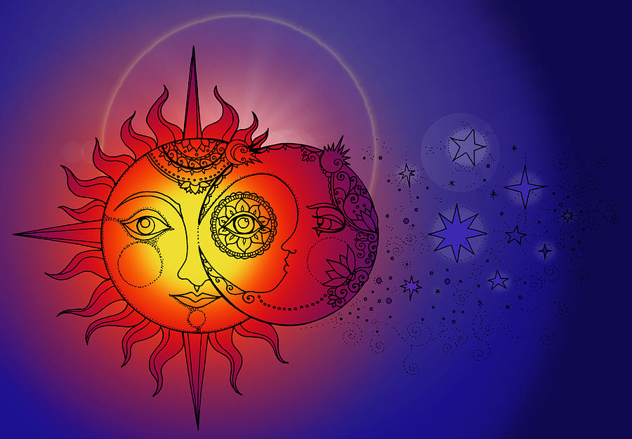 Moon Digital Art - Solar Eclipse Sun Face Moon Face by Katherine Nutt