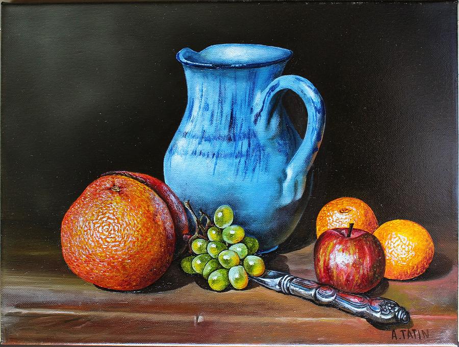 SOLD - Blue Pitcher And Fruits Painting by Art Tatin - Fine Art America