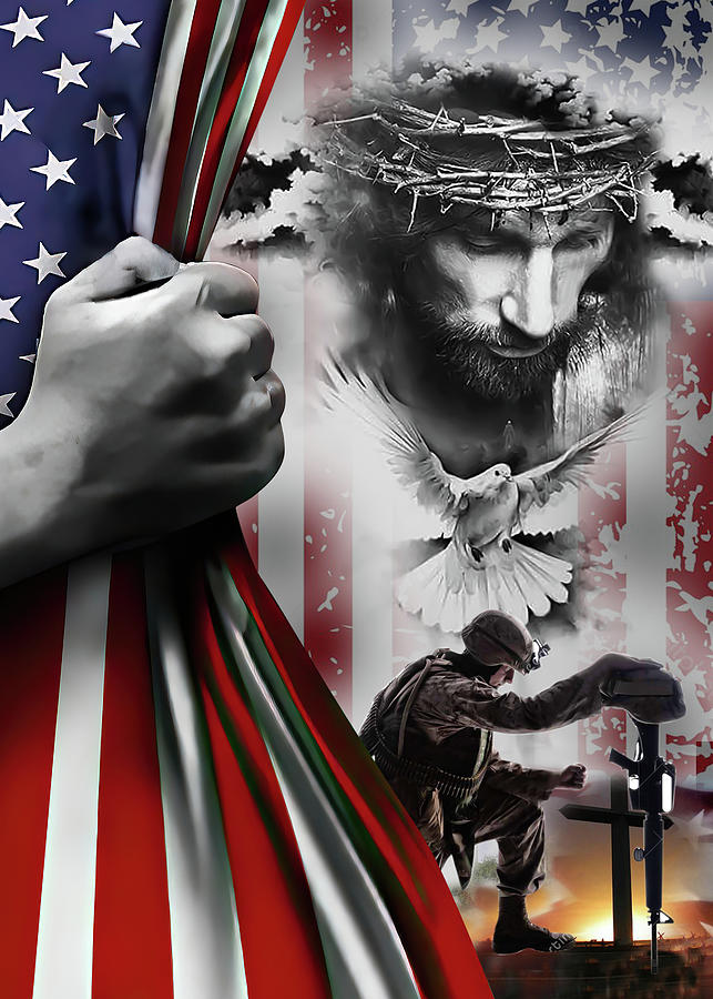 Soldier Kneeling Jesus Flag Inside American Flag Christian Memorial