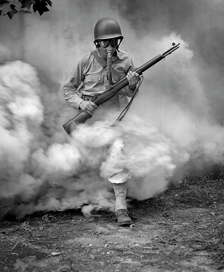 Soldier With Rifle During Gas Mask Training - Fort Belvoir - WW2 1942 Photograph by War Is Hell Store