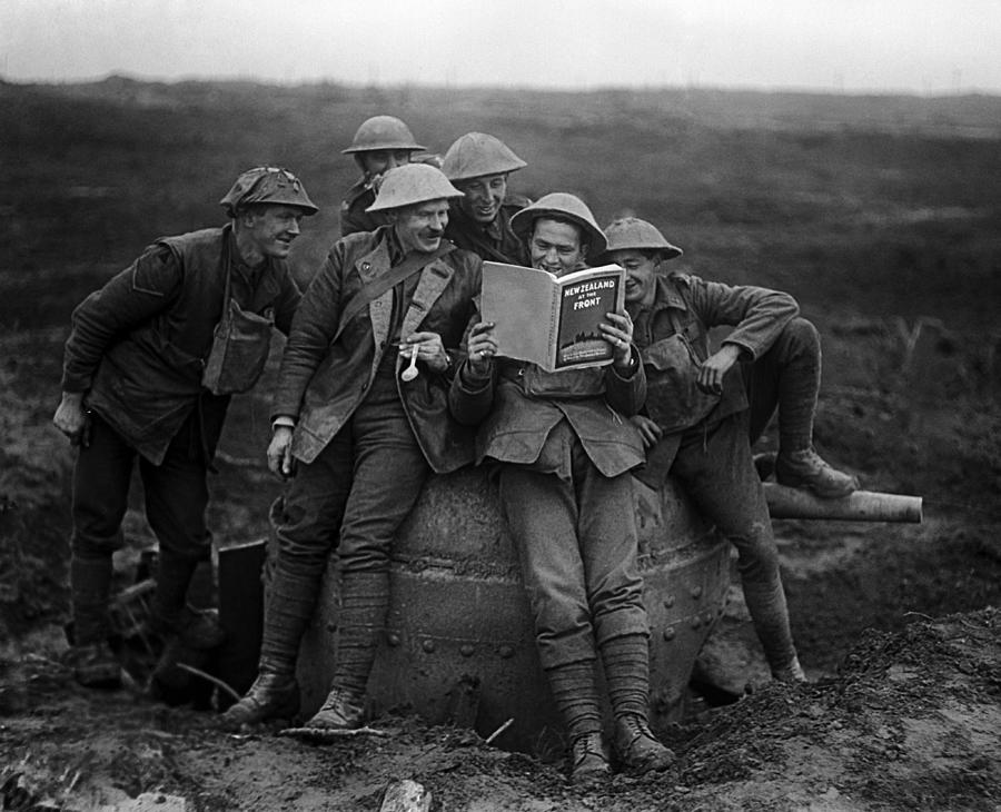 Soldiers Laughing At Book - New Zealand At The Front - WW1 1917 Photograph by War Is Hell Store