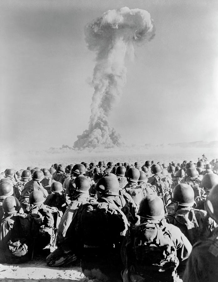 Soldiers Watching Mushroom Cloud Of Atomic Bomb Test - 1951 Photograph by War Is Hell Store