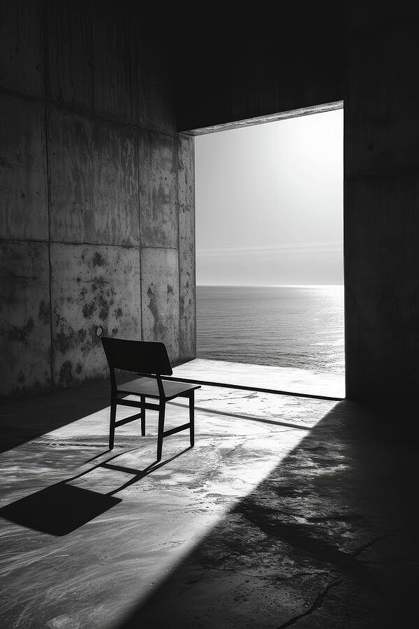 Solitary Chair Facing the Ocean in a Minimalist Concrete Room Digital ...