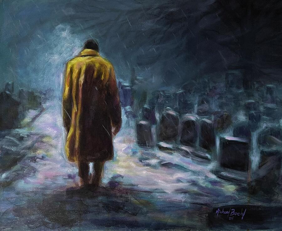 Solitary Figure Painting - Solitary Vigil A Wintry Pilgrimage through the Realms of Rembrance by Michael Boehl