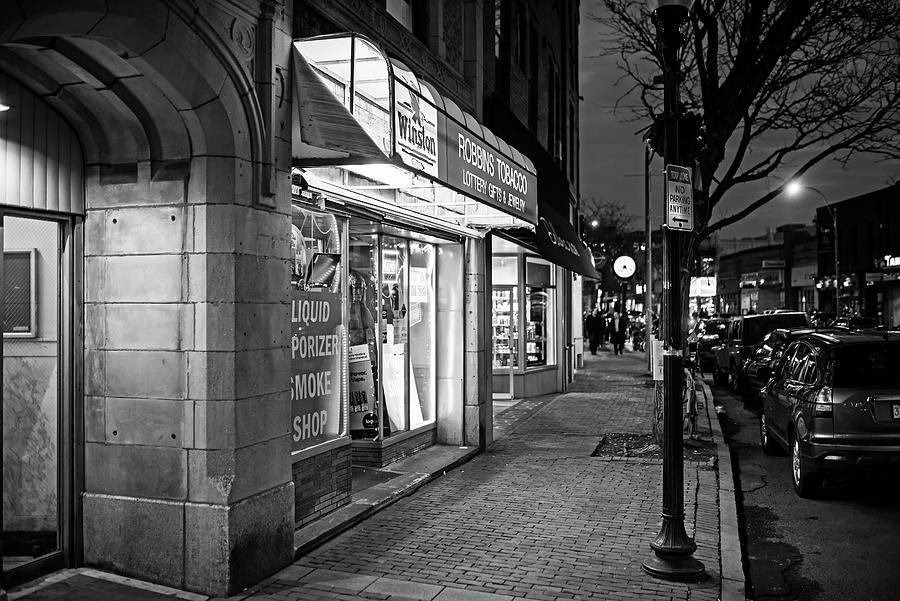 Somerville Massachusetts Davis Square Robbins Tobacco Elm Street Black and White Photograph by Toby McGuire