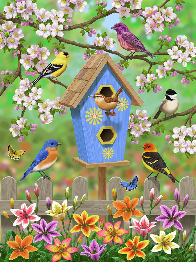 Songbirds Lily Garden Birdhouse Painting by Crista Forest