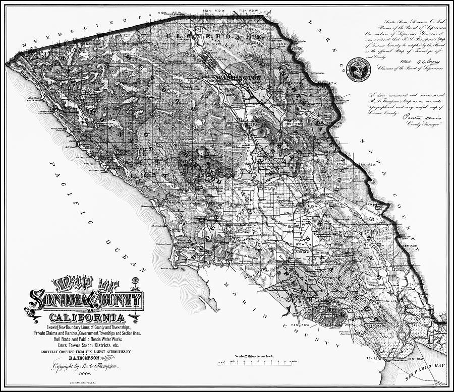 Vintage Photograph - Sonoma County California Vintage Map 1884 Black and White  by Carol Japp
